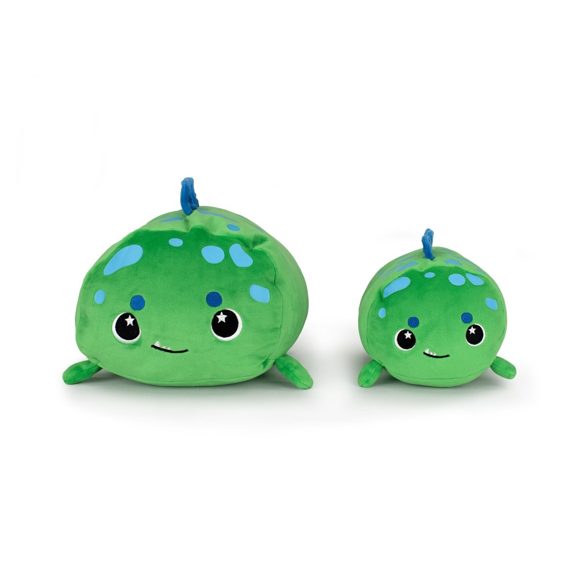 Two Sinclair the Dino plush toys, featuring green bodies, blue spots, small arms, smiling faces, and blue stems on top like cartoon plants, are shown side by side against a white background.