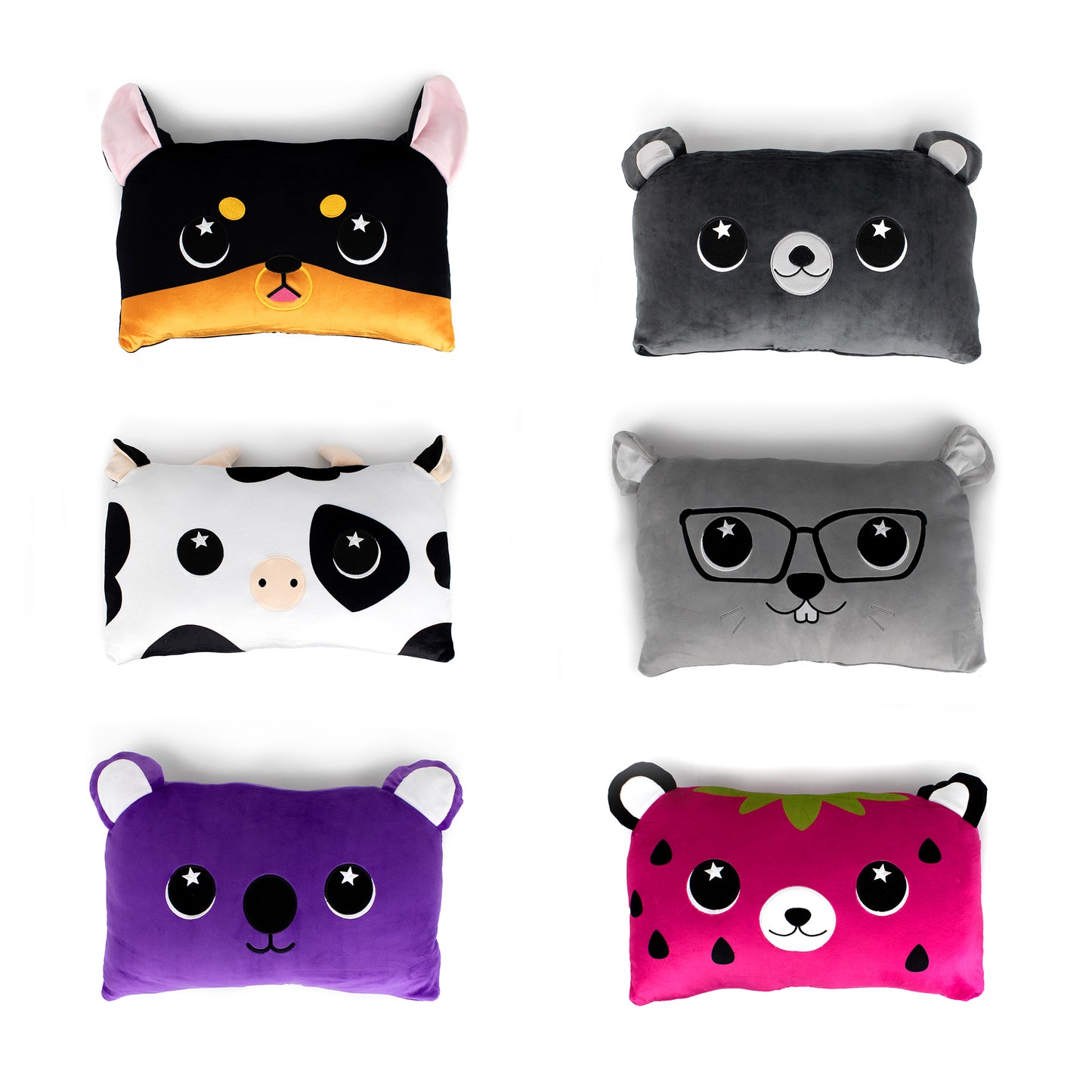 Six Brewser the Doberman Sleep Pillows are arranged in two columns; each plush pillow features a different cartoon animal or character face, including a dog, bear, cow, animal with glasses, purple bear, and strawberry bear.