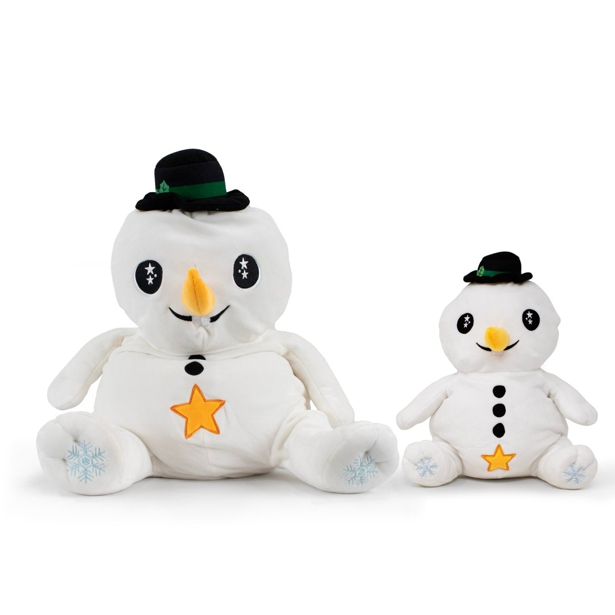 Two adorable Jack the Snowman Starlight Buddies sit together, with one larger than the other. Both plush snowmen wear a black hat with a green band, star-detailed eyes, an orange carrot nose, a yellow star on their belly, and feature blue snowflake patterns on their feet.