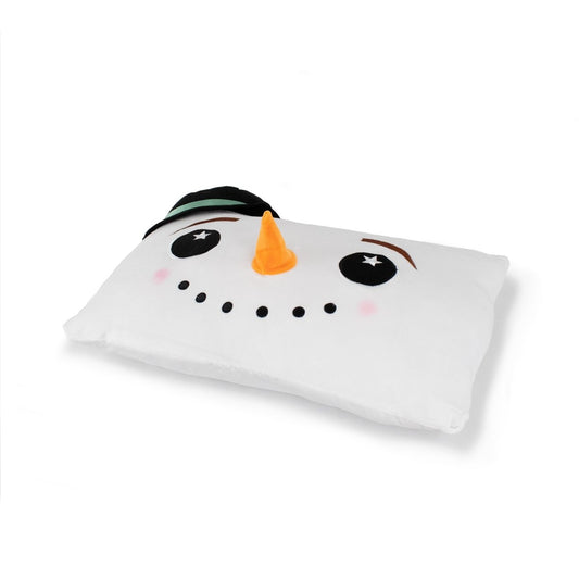 The Jack the Snowman Pillow is a plush rectangular cushion resembling a snowman's face, featuring a black hat, embroidered eyes, rosy cheeks, a carrot-shaped nose, and a smiling mouth made of black dots on a soft white backdrop.