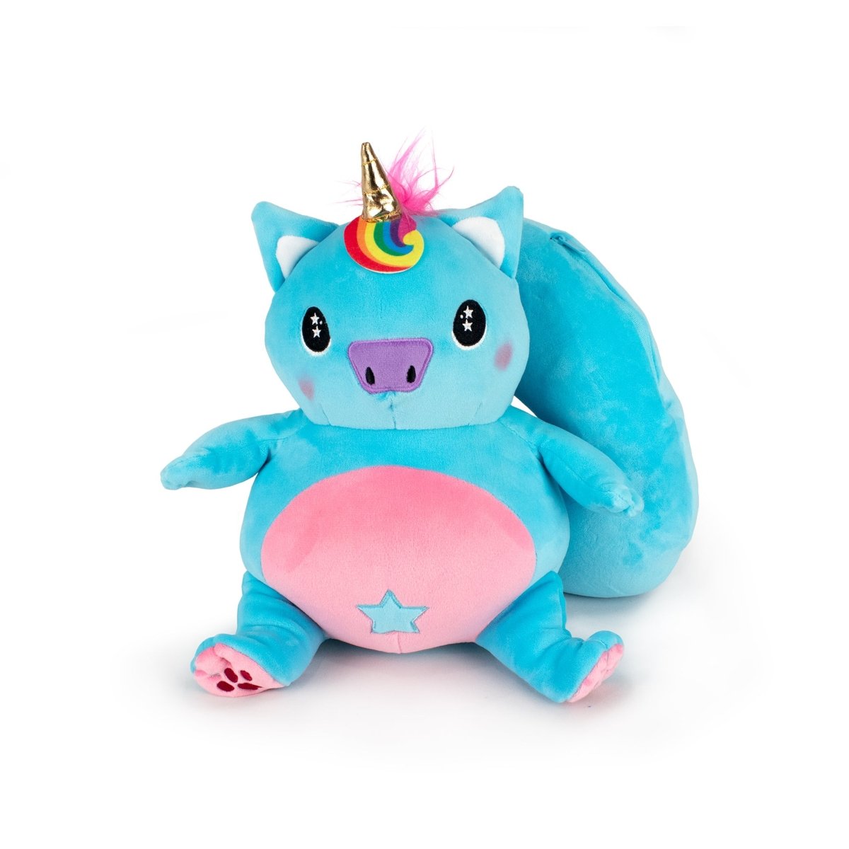 The Starlight Sparkle 2-in-1 Travel U-Neck Pillow is a blue plush pillow with a big pink belly, star-shaped mark, cat-like ears, rainbow mane, golden horn, and bushy tail—crafted from premium materials—resembling a unicorn-cat hybrid.