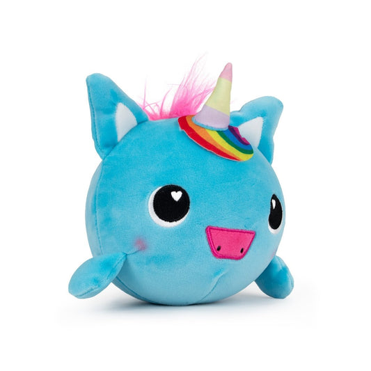 The Jumbo Plushy Skwishy Sparkle is a round, blue plush toy featuring a pink snout, large eyes, small limbs, blue ears, a colorful unicorn horn, and a tuft of pink hair. It resembles a whimsical unicorn-pig hybrid.