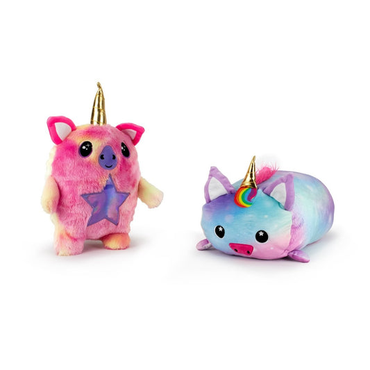 The Daisy and Unicorn Monstah Pair includes two ultra-soft plushies: a pink-yellow unicorn with a star belly, upright; and a pastel blue-purple unicorn lying down with a rainbow on its head. Both feature gold horns and cute details.