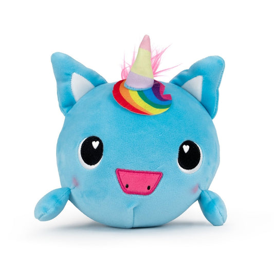 The Jumbo Plushy Skwishy Sparkle is a round, plush unicorn toy with a blue body, cat-like ears, and a pink snout. Its colorful rainbow horn and mane complement its heart-shaped eyes. Soft and cuddly with a playful expression, it's perfect for all ages!.