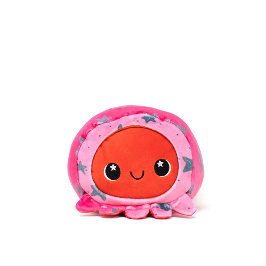 The Handi Andi Slumber Plushie is a delightful, soft octopus featuring a pink and red body with a smiling face and star patterns on its head. It's squishy and machine washable for easy care!.