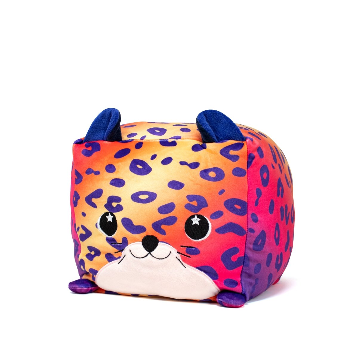 The Willow Squared Plushie is a Rainbow Leopard-themed, cube-shaped toy featuring sensory softness with gradient orange, pink, and purple spots. It includes a cute cartoon face, starry eyes on a white backdrop, and two small ears.