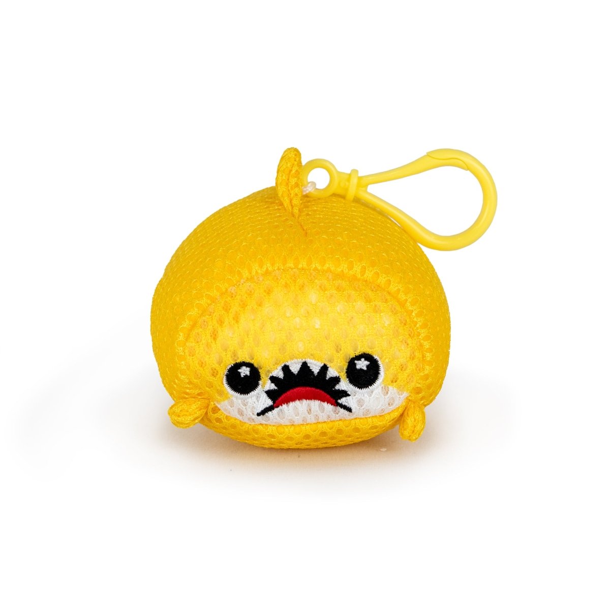 The Aqua Plush Clip-on Dash is a round, yellow plush toy with a clip, designed like a cartoon shark with black eyes and sharp white teeth. Made from fast-drying mesh fabric, it's ideal for pool or bathtub use. The background is plain white.