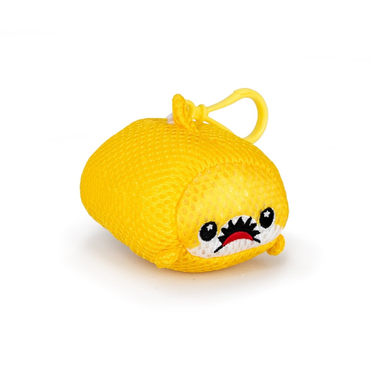 Aqua Plush Clip-on Dash is a small, yellow, water-friendly plush toy with a mesh texture, cute wide eyes, an open mouth, and a yellow top loop—ideal for pool or bath time thanks to its fast-drying mesh fabric.