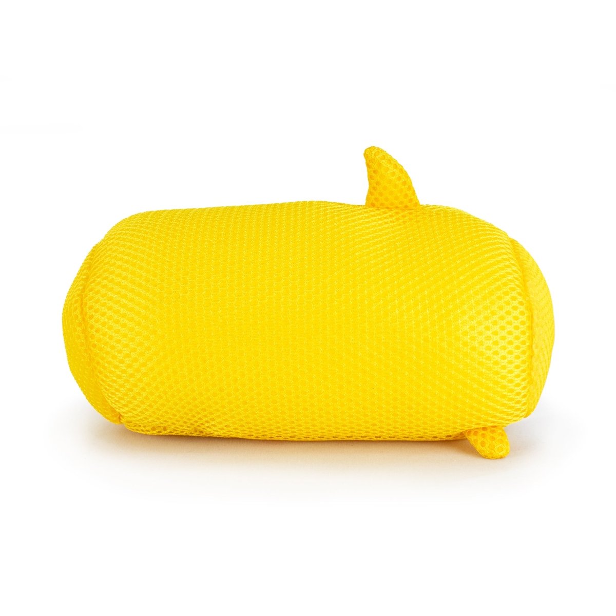 Aqua Moosh-Moosh Dash is a small, cylindrical plush toy with bright yellow mesh fabric, a pointed fin, and a small tail, resembling a cute aquatic creature.