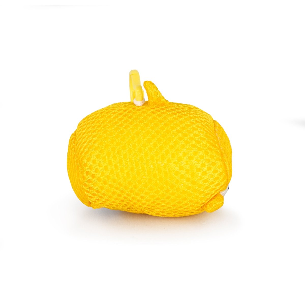 The Aqua Plush Clip-on Dash is a small, yellow mesh pouch with a zipper and yellow plastic clip that dries quickly—ideal for pool or bath use. Displayed on a white background.