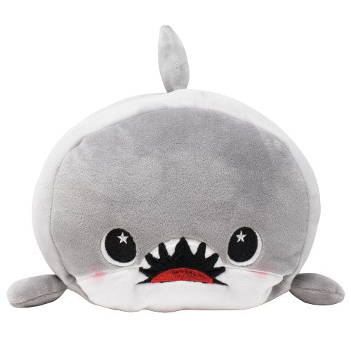 Cute plushie shaped like a round gray shark with big, starry eyes and a small fin on top. It has a red mouth with black embroidered teeth and blush on its cheeks.