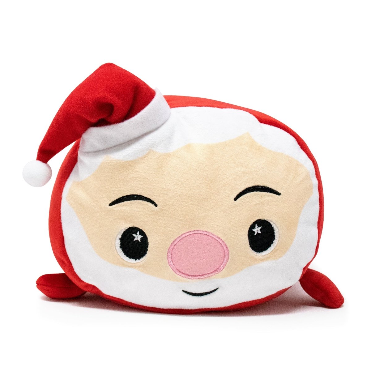 A round plush toy with a cartoon Santa Claus face, white beard, rosy pink nose, and black eyes, wearing a red Santa hat with a white pom-pom.