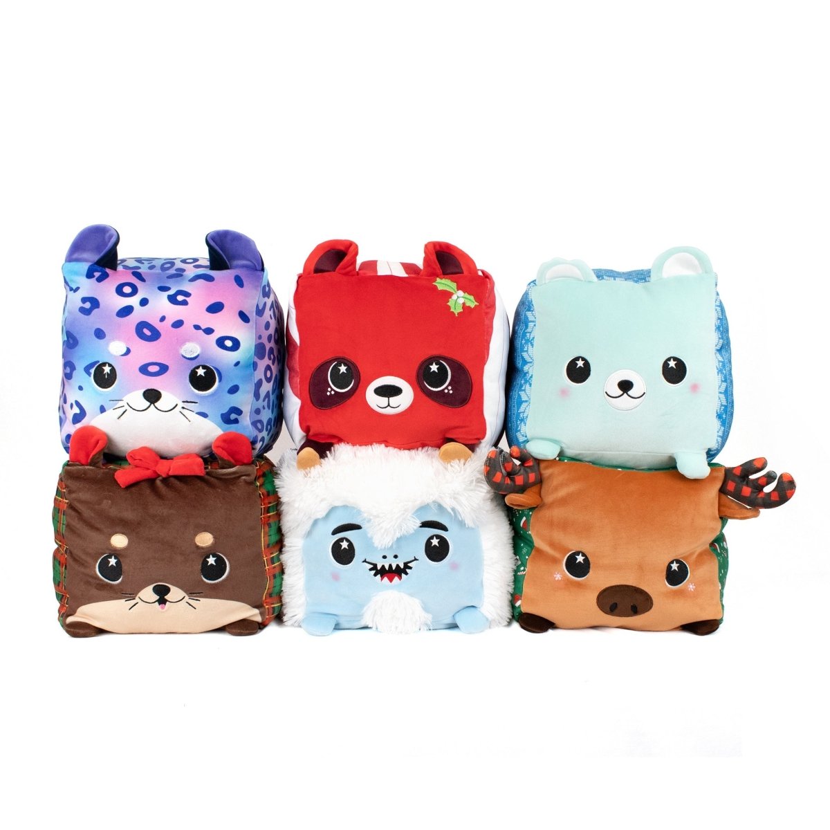 Six plush cubes with cute animal faces, including a purple leopard, red panda, blue bear, brown otter, white yeti, and brown moose with antlers, arranged in two rows against a white background.