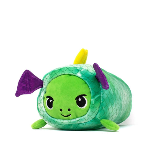 The Drac Slumber Plushie is an adorable plush toy resembling a green and blue fish with scale patterns, featuring a smiling face, purple fins, yellow horn-like appendages on top, and large expressive eyes that enhance its cute and cartoonish design.