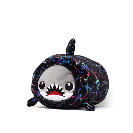 The Crush Slumber Plushie is a shark-shaped toy with a cylindrical body and colorful abstract pattern. It features a gray face, red mouth, white sharp teeth, and star-shaped eyes for an irresistibly cute look.