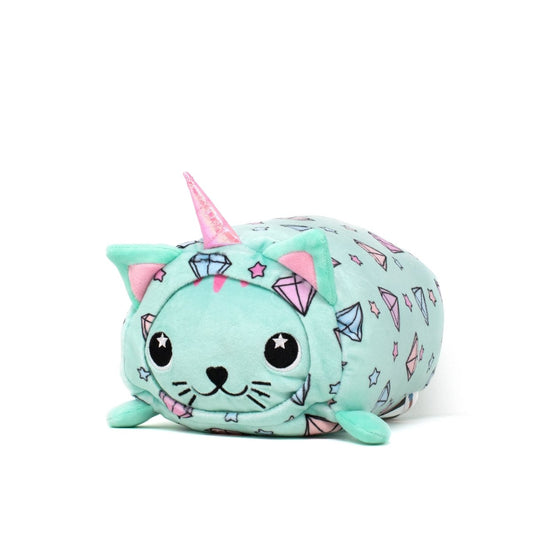 The Blossom - Slumber Plushie is a soft toy resembling a cat with a unicorn horn. It has a light teal body with star and diamond patterns, cute facial features, black eyes and nose, pink ears, and a pink horn.