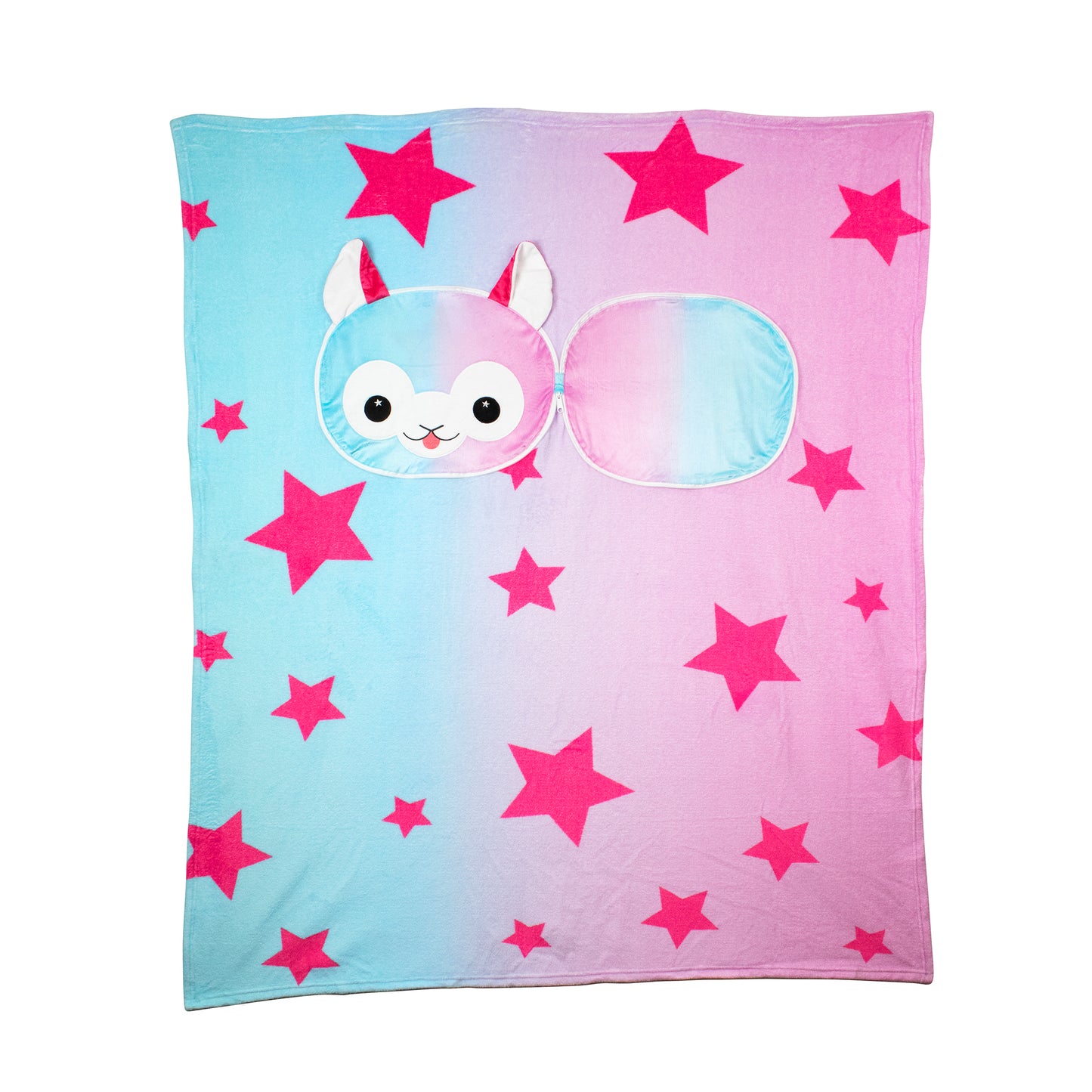 A soft, rectangular 2-in-1 Pillow Blanket – Comet the Alpaca, featuring a blue-to-pink gradient, large pink stars, and a cute alpaca face with ears in one corner.