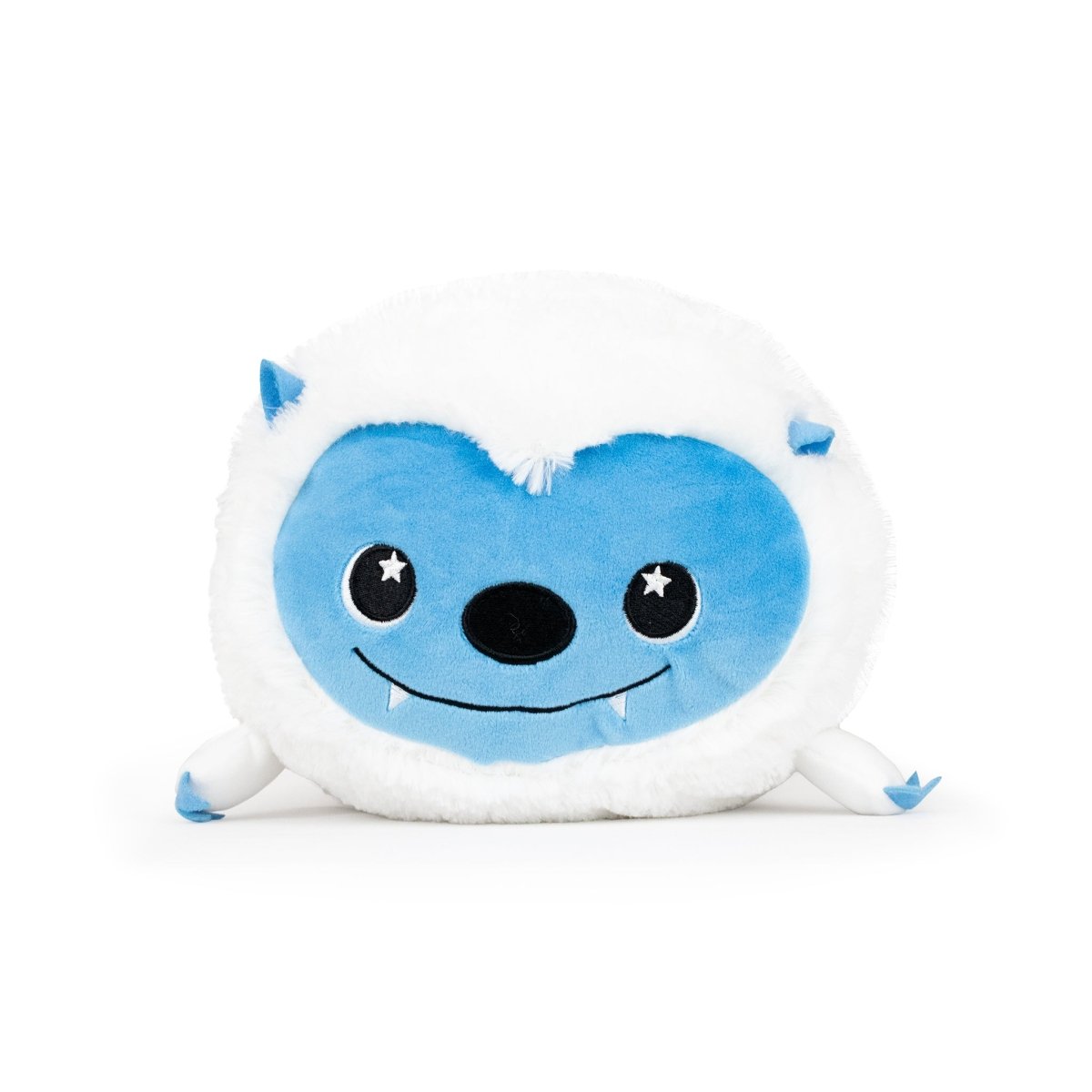 Artie the Yeti is a round, ultra-soft plush toy with white fur, blue features, two small blue horns, big eyes with star-shaped highlights, a smiling mouth with fangs, plus small arms and legs.