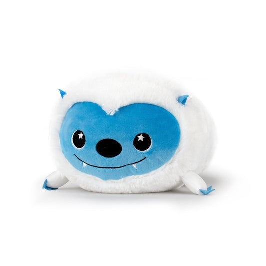 Artie the Yeti is a cute white plush toy with a round body, blue face, small blue horns, starry black eyes, smiling mouth with fangs, and blue-tipped arms and feet—perfect for fans of soft plush toys.