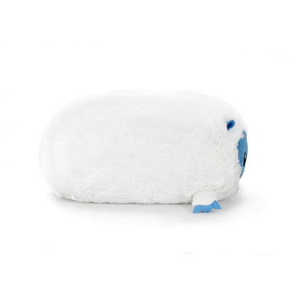 Artie the Yeti is a machine washable plush toy shaped like a white, fluffy oval with a blue face and small blue feet, shown lying on its side against a plain white background.