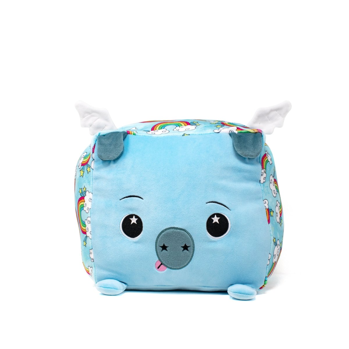 Augustus the Pig plush toy with sky-blue fur, wings, and playful expression from Moosh-Moosh SQUARED² Collection.