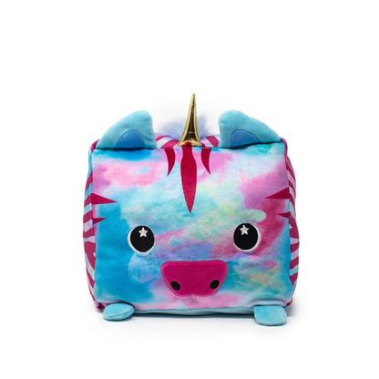 Aurora the Zebracorn Plushie is a square plush toy with a gold horn, featuring pink, blue, and purple tie-dye patterns. It has starry eyes, a pink snout, small ears and feet, and a friendly expression.