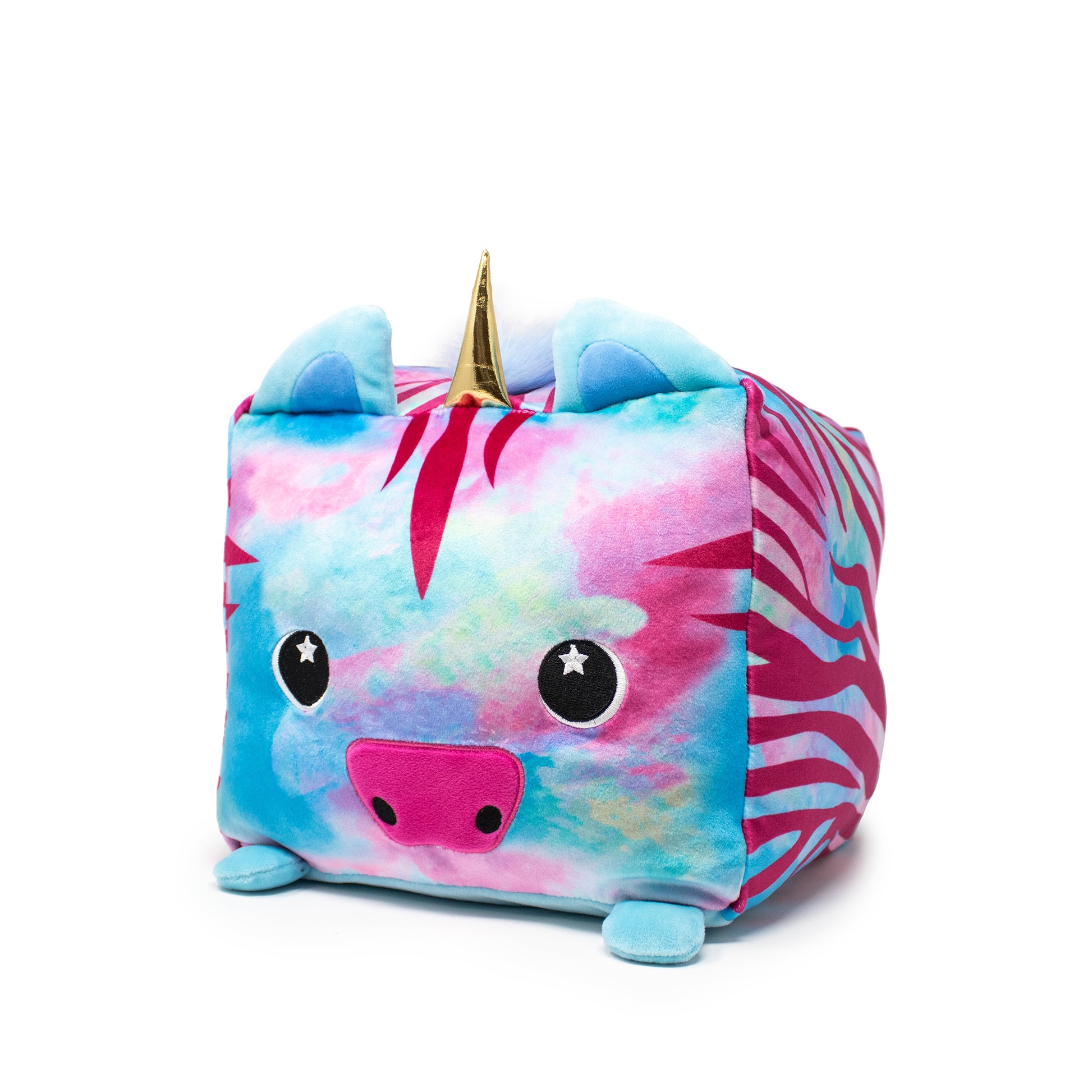 Aurora the Zebracorn Plushie is a cute, colorful square-shaped plush toy with a unicorn theme, featuring a golden horn, pink snout, and starry eyes. Its body is adorned with vibrant pink, blue, and purple patterns plus tiny fabric ears and feet.