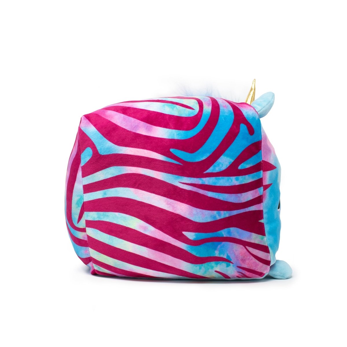 Aurora the Zebracorn Plushie is a soft, colorful plush cube adorned with pink and blue zebra stripes, a unicorn horn, and small ears on top. Its vibrant design on a white background makes this stuffed animal an enchanting addition to any collection.