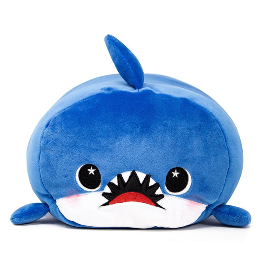 Meet Azul the Shark Plushie, a round, blue surfing shark with a small fin. It features embroidered black eyes with white stars, rosy cheeks, and a big red mouth with white teeth. Its irresistibly soft texture makes it the perfect cuddly companion.