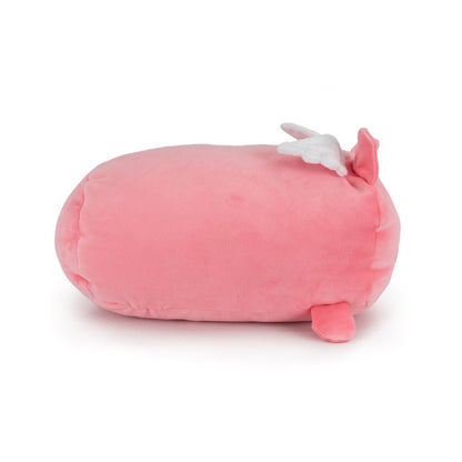 Barnaby the Flying Pig is a soft, pink, oval plush toy featuring a small pink tail, two white wings, and a pink ear or fin on top, shown lying on a white background.