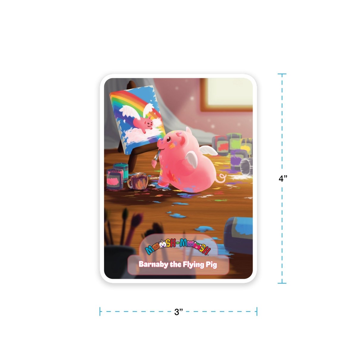 A Moosh-Moosh 3" x 4" vinyl sticker featuring a pink, chubby pig with wings painting a colorful self-portrait at a table with art supplies. The sticker reads "Barnaby the Flying Pig.