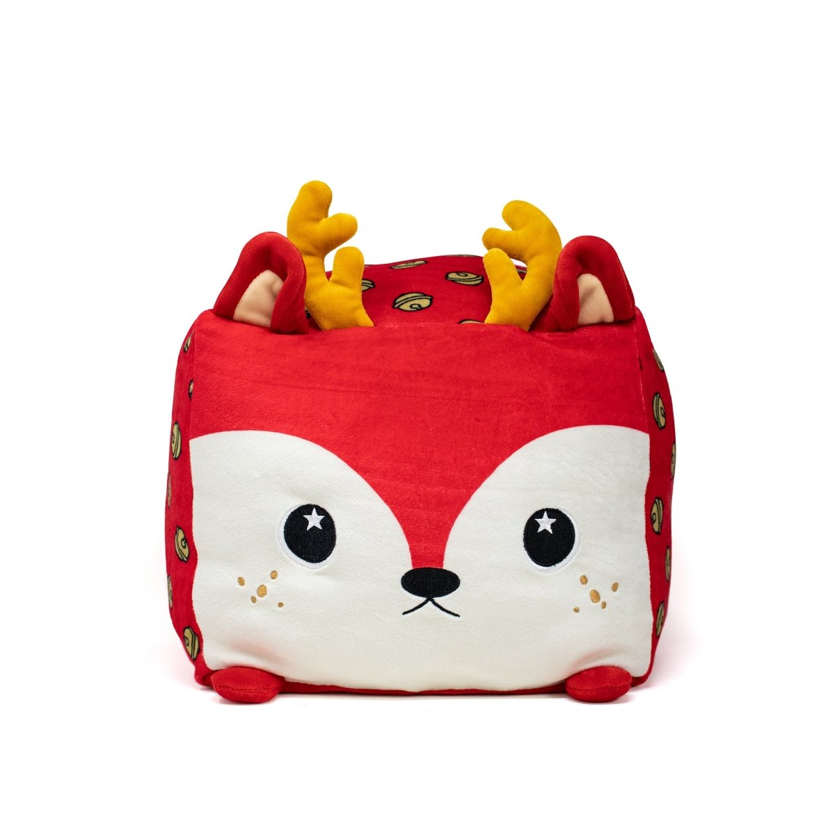 Belle Plushie is a Moosh-Moosh Squared2 square red reindeer with a white face, black eyes, small ears, yellow antlers, and round side patterns—an adorable cartoon-style plush toy for the holidays.