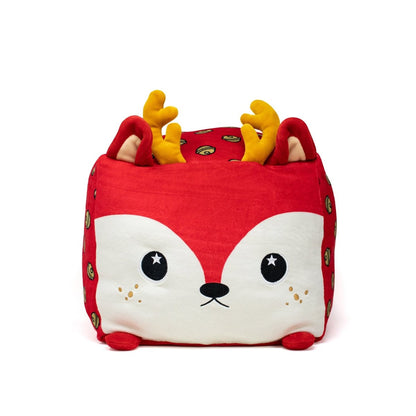 Belle Plushie is a Moosh-Moosh Squared2 square red reindeer with a white face, black eyes, small ears, yellow antlers, and round side patterns—an adorable cartoon-style plush toy for the holidays.