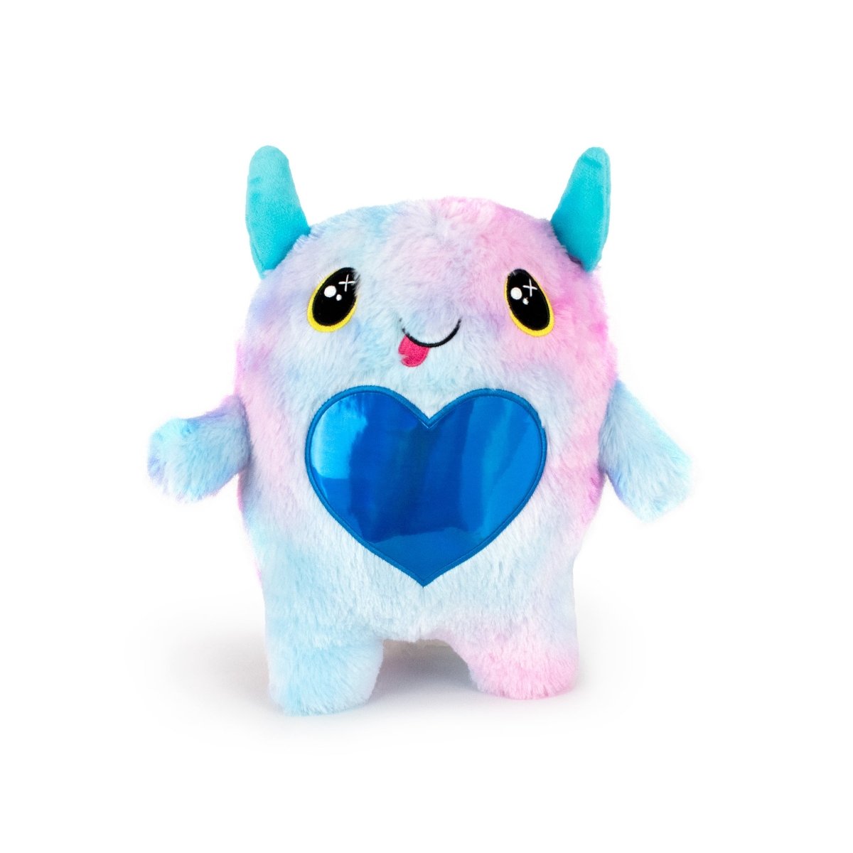 The Cow Bestie Monstah is a cute, machine washable plush toy with pastel blue and pink fur, big yellow and black eyes, a smiling face with its tongue out, blue horns, and a shiny blue heart—perfect for fans of soft cuddly toys.
