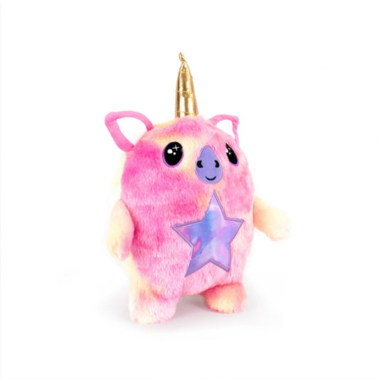The Unicorn Bestie Monstah is a stuffed plushie with pink and yellow fur, gold unicorn horn, big black eyes, small ears, and a purple star on its belly—a cuddly toy perfect for hugs.