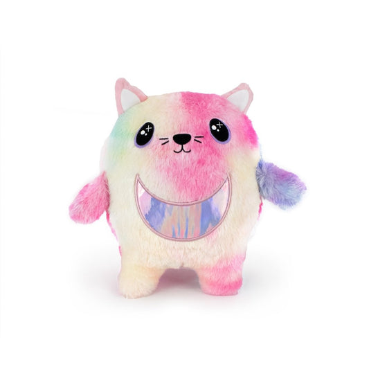 Cat Bestie Monstah: A round, pastel rainbow plush cat with big black eyes, a shiny smile, pink ears, and a purple arm—designed for ultimate sensory softness and endless snuggles.