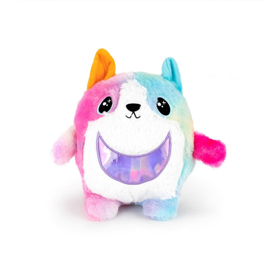 The Corgi Bestie Monstah is a round, soft plush toy with rainbow-colored fur, mismatched blue and orange ears, and a big iridescent smiling mouth, making this cuddly stuffed animal delightfully whimsical.