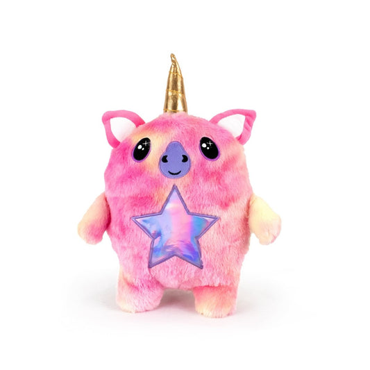 The Unicorn Bestie Monstah is a soft, machine washable plush toy shaped like a round pink unicorn with a gold horn, big black eyes, light yellow arms and legs, small ears, a shiny purple star on its belly, and a cheerful expression.