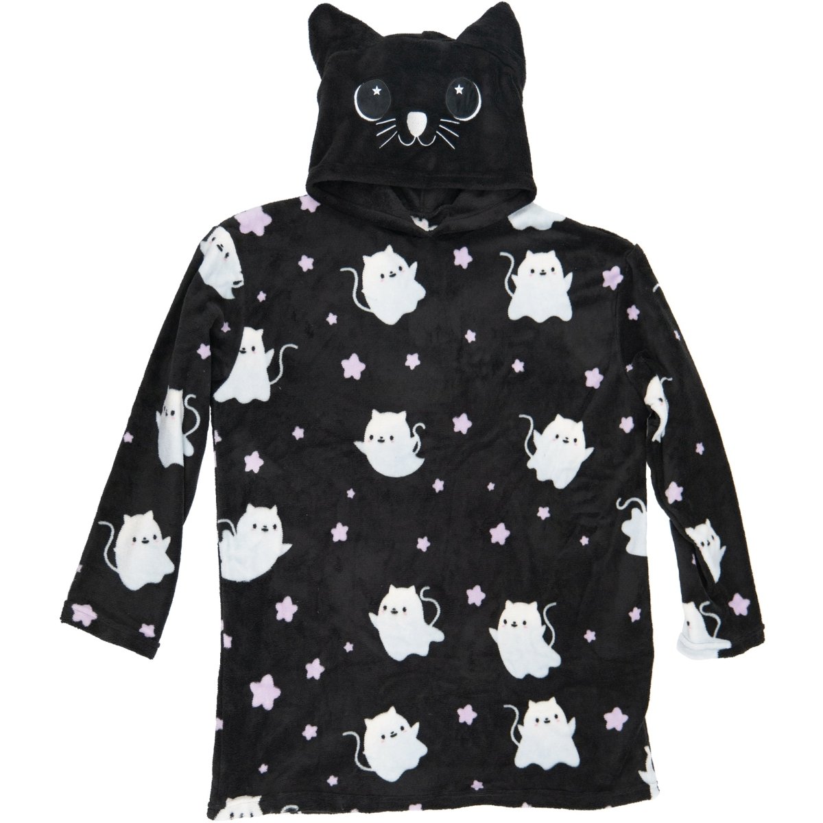 The Fortune the Cat Hooded Blanket is a cozy black hood adorned with cute cat ears and an adorable cat face. It features white cartoon cat designs and purple stars, resembling a plushie, with incredibly soft fabric.