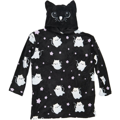 The Fortune the Cat Hooded Blanket is a cozy black hood adorned with cute cat ears and an adorable cat face. It features white cartoon cat designs and purple stars, resembling a plushie, with incredibly soft fabric.