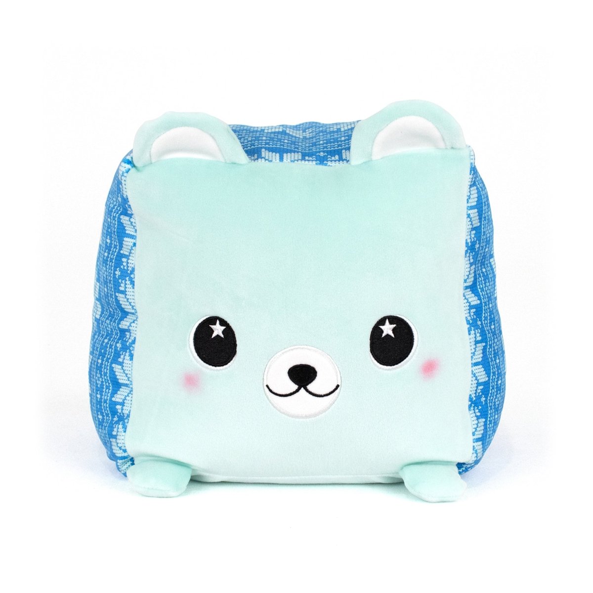 Blitz the Polar Bear is a square plush toy with a light blue bear face, pink cheeks, starry eyes, small ears, and blue patterned sides. Made from ultra-soft materials, this cuddly buddy sits against a white background.