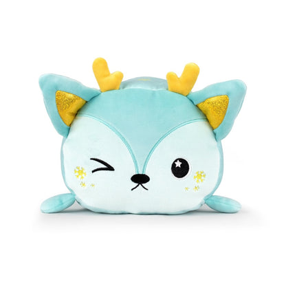 Blitzy the Deer is a light blue plushie with yellow antlers, big ears, and embroidered features—a winking eye with a star, plus yellow snowflakes on the cheeks. Made from ultra-soft materials, Blitzy is round and perfect for snuggles.