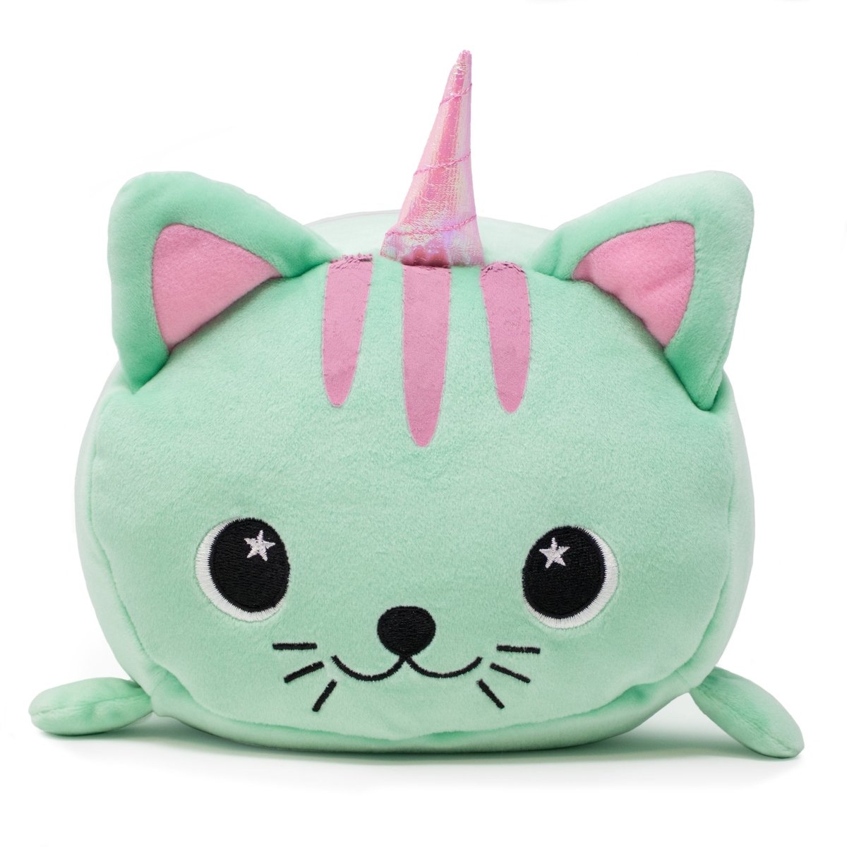 Front View - Cat Unicorn stuffed animal plushie with whiskers and pink horn