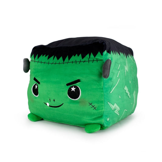 Boris the Monster is a green cube plush toy with Frankenstein features—black hair, stitched scars, bolts, fangs, and round eyes—making it a super-soft, cuddly favorite for plushie fans.