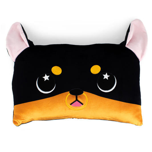 Brewser the Doberman Sleep Pillow is a rectangular plush pillow styled like a cartoon dog’s face, with large starry eyes, black and tan Doberman-inspired colors, pink inner ears, and a cute pink tongue sticking out.
