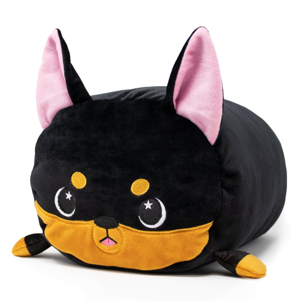 Brewser the Dobermann Plushie is a cute plush toy with a small black and tan dog appearance, featuring large pink ears, big eyes, and an embroidered face. Its cylindrical body and small triangular legs enhance its adorable charm.