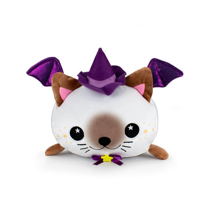 Meet Bridget the Cat Witch: a round, cuddly plush with brown ears, a purple witch hat, bat wings, a purple bow with a yellow star, a light brown face, whiskers, and cute yellow star decorations on her cheeks.
