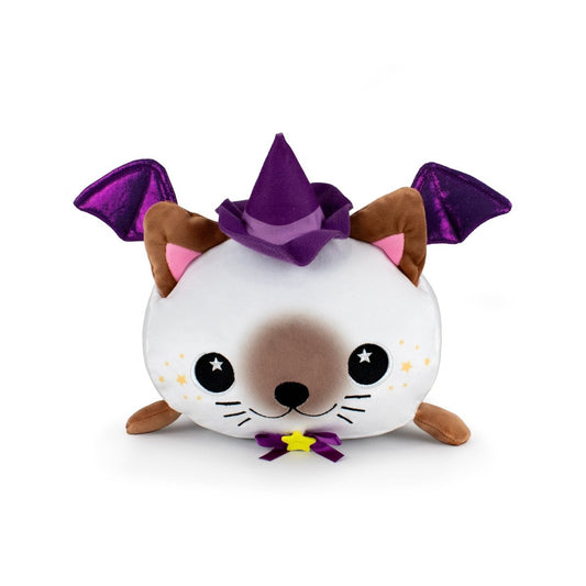 Meet Bridget the Cat Witch: a round, cuddly plush with brown ears, a purple witch hat, bat wings, a purple bow with a yellow star, a light brown face, whiskers, and cute yellow star decorations on her cheeks.