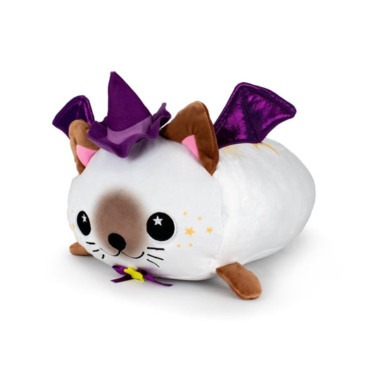Bridget the Cat Witch is a cuddly plushie with brown ears and paws, star-shaped eyes, whiskers, and a yellow star on her purple bow. She wears a purple witch hat with bat wings—perfect for magical hugs!.