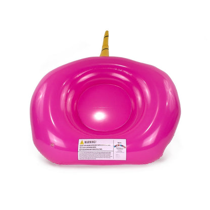 The Bubblegum 32" Inflatable Pool Float is a bright pink, donut-shaped float with a golden unicorn horn, perfect for pool parties. It features a visible warning label on the front and is shown against a white background.